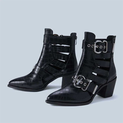 Black Croco Embossed Ankle Boots Cut Out Buckle Heeled Booties