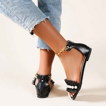 Women's Black Square Toe Flats Ruffle Ankle Strap Pearl Sandals