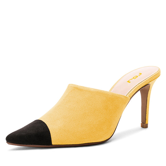 Yellow and Black Vegan Suede Pointed Toe Stiletto Heel Mules Shoes