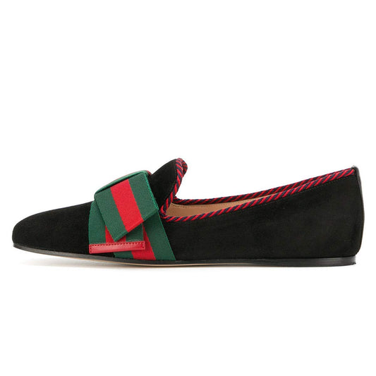 Black Square Toe Red & Green Striped Strap Flat Women's Loafers