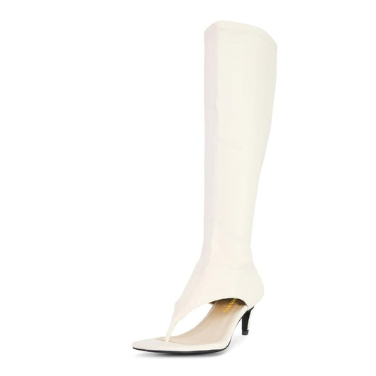 White Open Toe Kitten Heel Flip Flop Knee High Boots for Women
