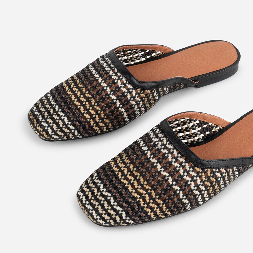 Multicolor Cut-Out Square Toe Woven Detail Casual Flat Mules