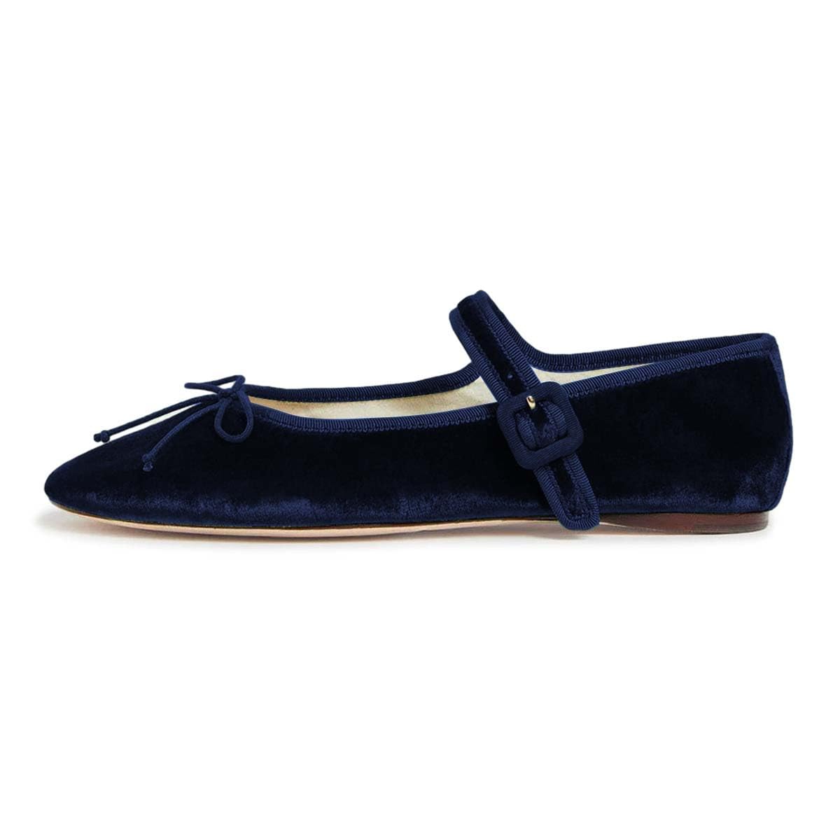 Navy Velvet Bow Tie Round Toe Ballet Flats with Buckle Strap