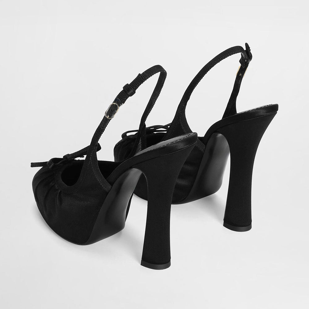 Black Satin Bow Decor Round Toe Pleated Platform Slingback Heels
