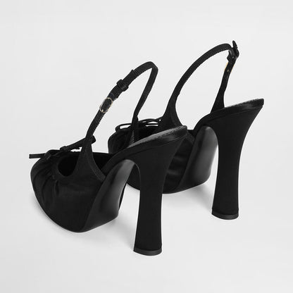 Black Satin Bow Decor Round Toe Pleated Platform Slingback Heels