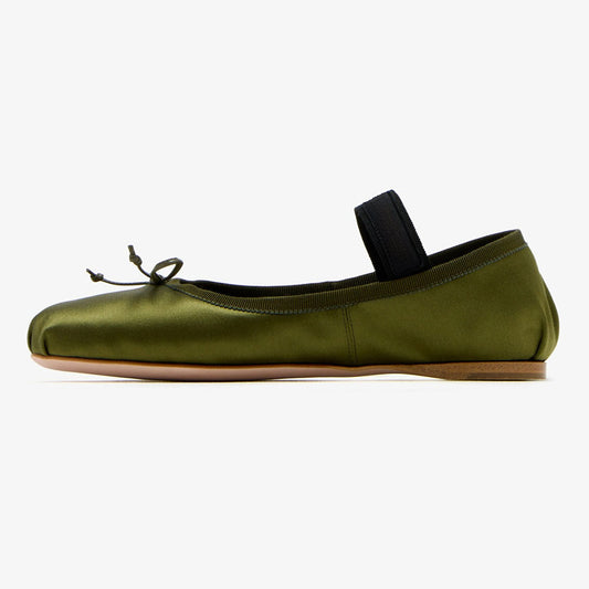 Olive Satin Round Toe Bow Accents Ballet Flats with A Strap