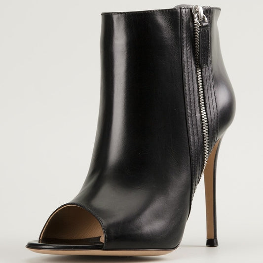 Black Peep Toe Booties Stiletto Heel Side Zipper Ankle Boots