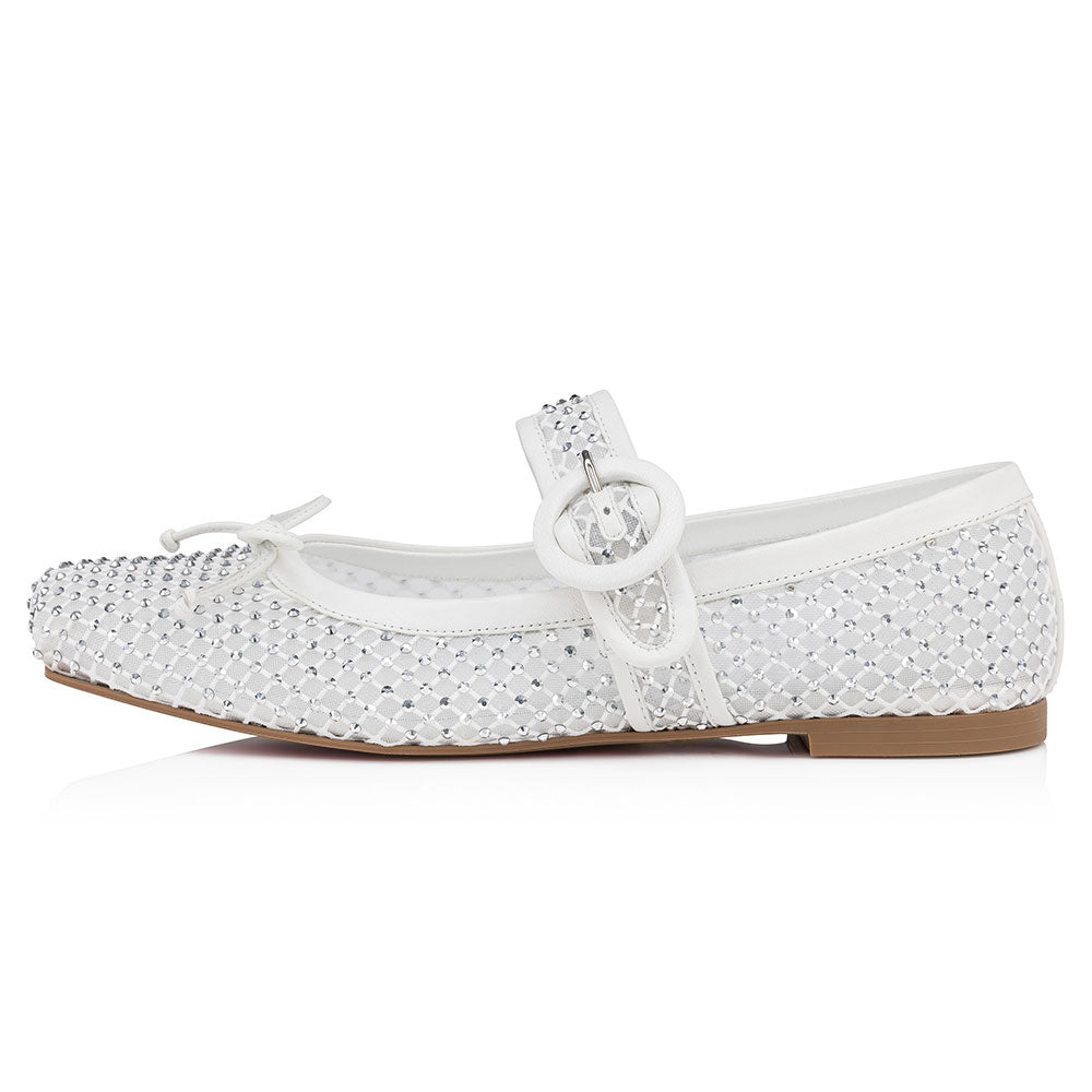 Classy White Square Toe Rhinestone Mesh Bowknot Mary Jane Flats