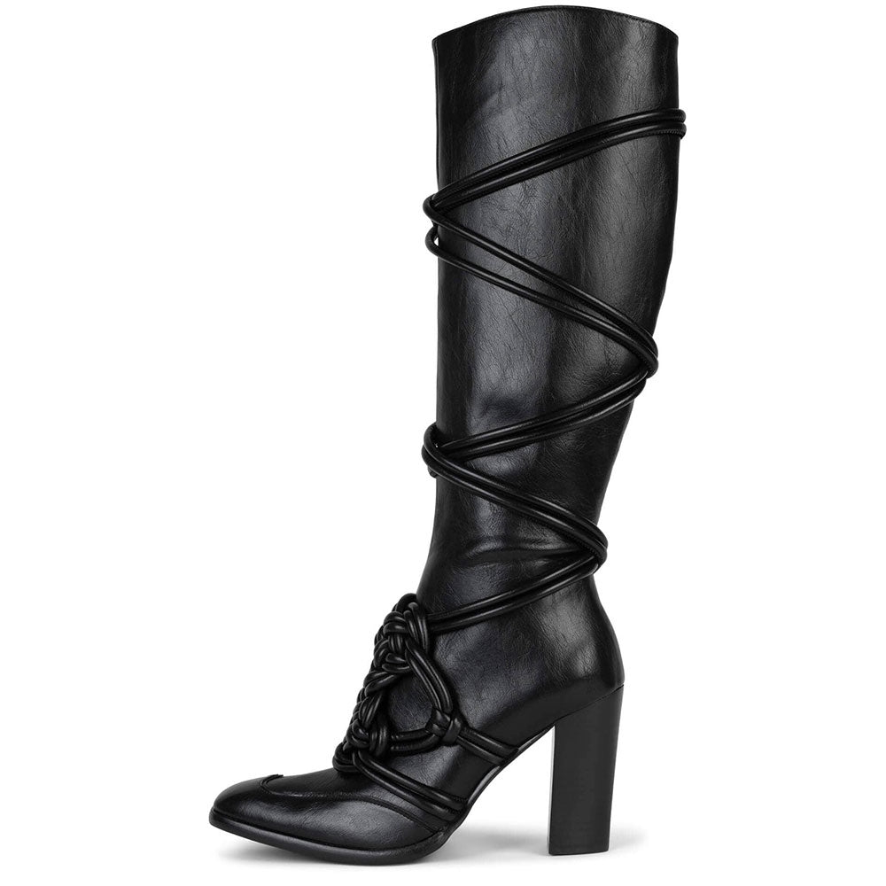 Black Square Toe Chunky Heel Rope Knot Knee High Boots