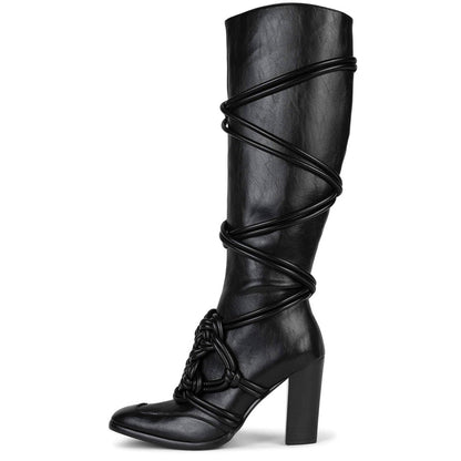 Black Square Toe Chunky Heel Rope Knot Knee High Boots