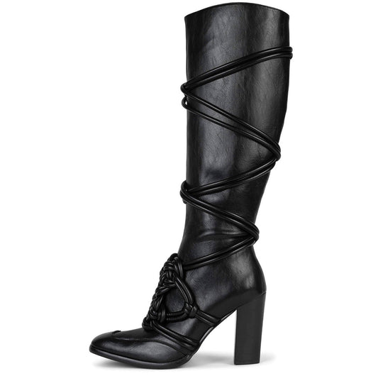 Black Square Toe Chunky Heel Rope Knot Knee High Boots