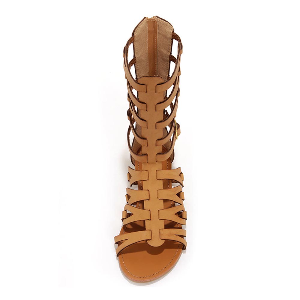 Khaki Open Toe Hollow Out Strappy Flats Mid-Calf Gladiator Sandals