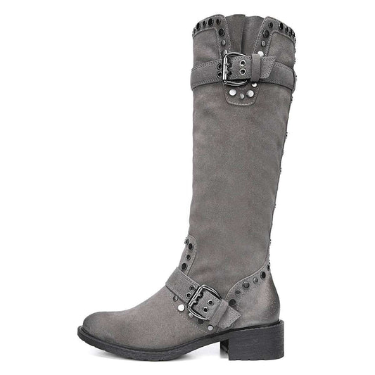 Grey Vegan Suede Block Heel Buckle Strap Knee High Boots with Studs