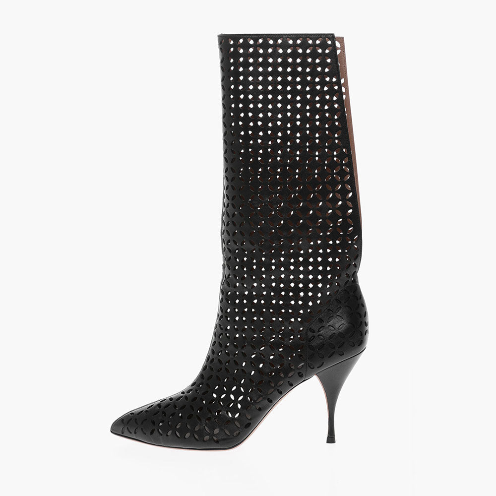 Black Spool Heel Cut-Out Pointed Toe Back Opening Mid Calf Boots