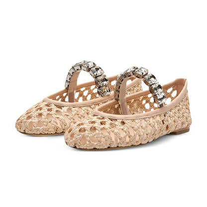 Beige Woven Round Toe Cutout Crystal Strap Flat Shoes Women