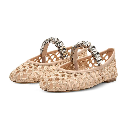 Beige Woven Round Toe Cutout Crystal Strap Flat Shoes Women