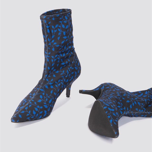 Black Sock Booties Floral Print Kitten Heel Ankle Boots