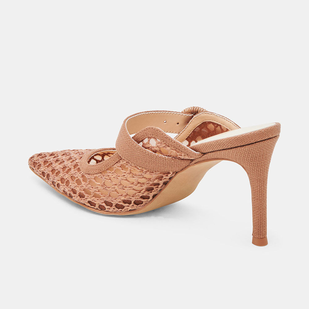 Brown Woven Raffia Pointed Toe Cut-Out Buckle Strap Mule Heels