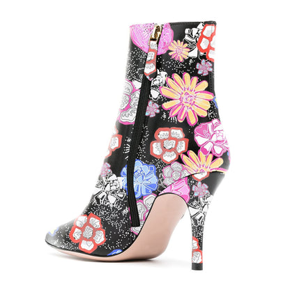 Black Floral Print Pointy Toe Side Zip Ankle Boots