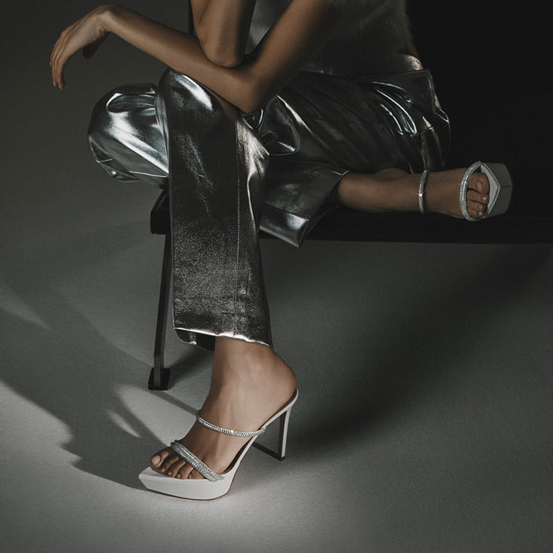 White Platform Heels Women's Pointed Toe Rhinestones Mules Sandals