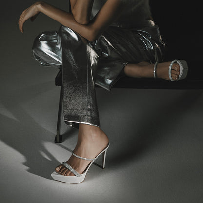 White Platform Heels Women's Pointed Toe Rhinestones Mules Sandals