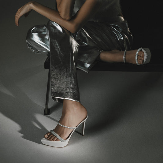 White Platform Heels Women's Pointed Toe Rhinestones Mules Sandals