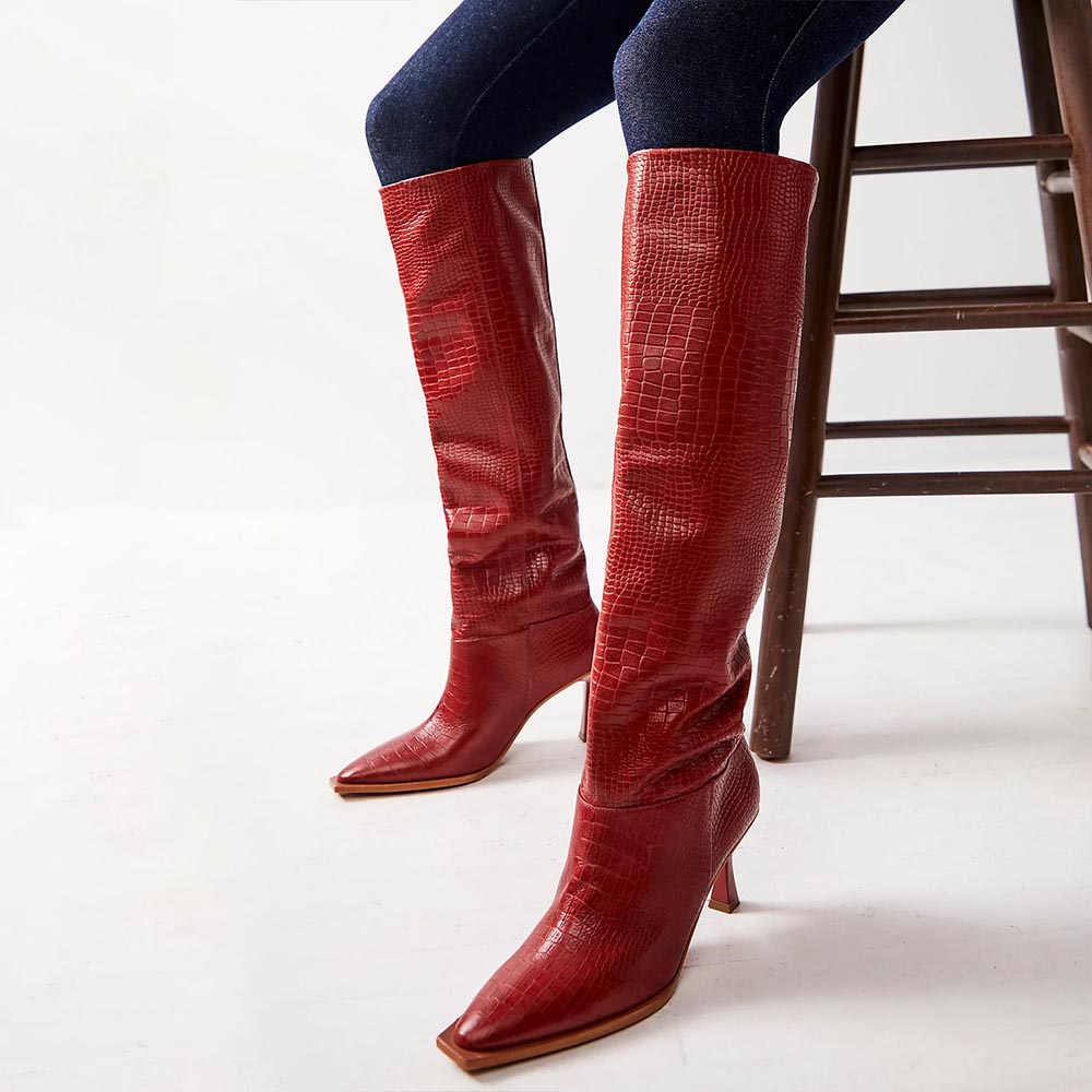 Red Snip Toe 3'' Kitten Heel Wide-Calf Croc Embossed Knee High Boots