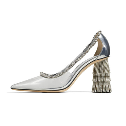 Women's Silver Pointed Toe Rhinestone Fringe Block Heel Clear Pumps