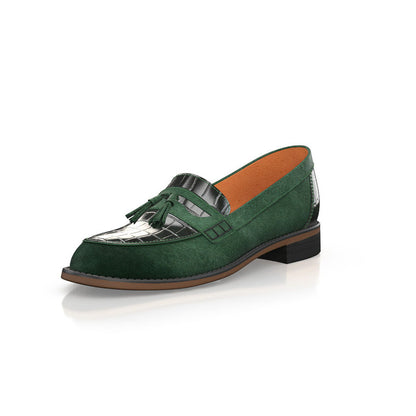 Women's Green & Black Embossed Splicing Penny Loafers with Fringe