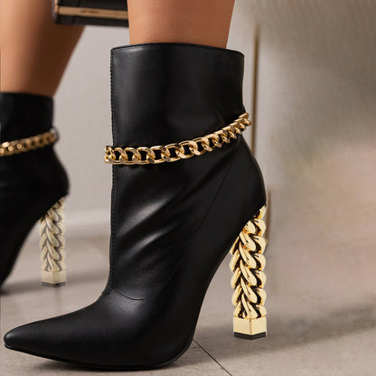 Black Pointed Toe Decorative Heel Ankle Boots with Gold Chain