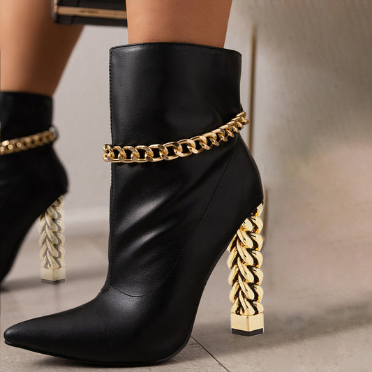 Black Pointed Toe Decorative Heel Ankle Boots with Gold Chain