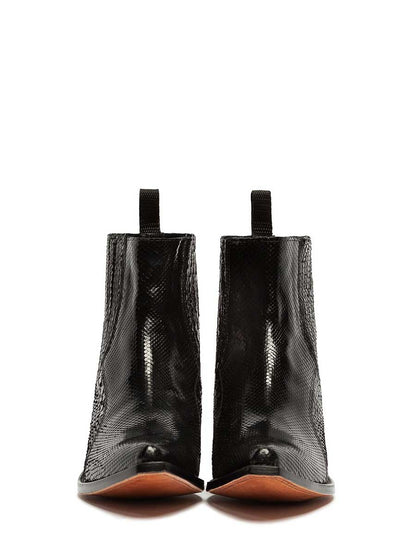 Black Vegan Leather Croc-Embossed Block Heel Cowgirl Ankle Boots