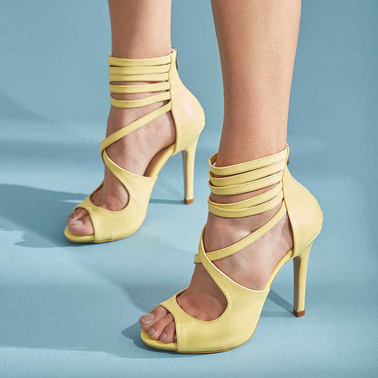 Yellow Round Toe 4'' Stiletto Heel Strappy Back-Zip Sandals