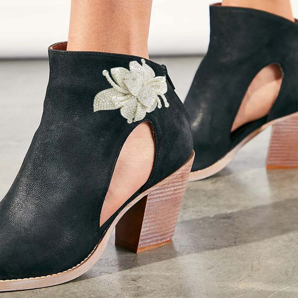 Black Pointed Toe Rhinestone Floral Chunky Heel Cut Out Ankle Boots