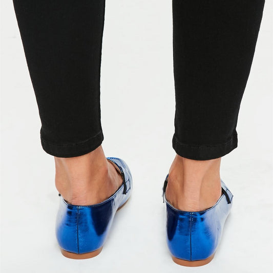 Royal Blue Metallic Finish Square Toe Flats Women's Loafers