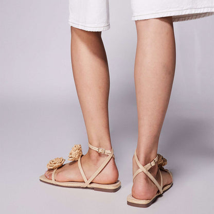 Beige Raffia Woven Open Square Toe Flower Strappy Flat Women Sandals