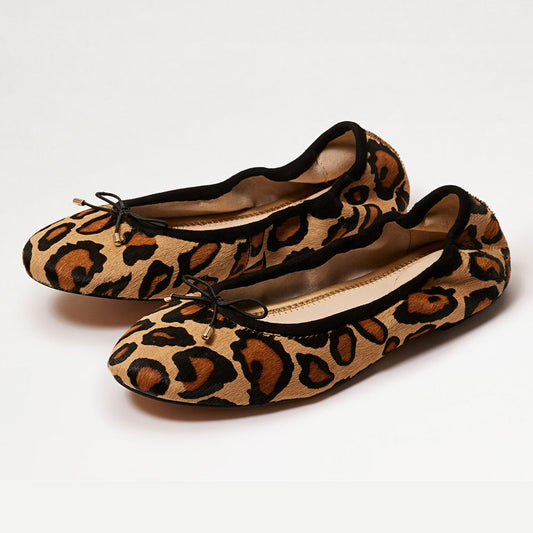Tan Round Toe Bow Accent Elastic Top Line Leopard Flats by FSJ