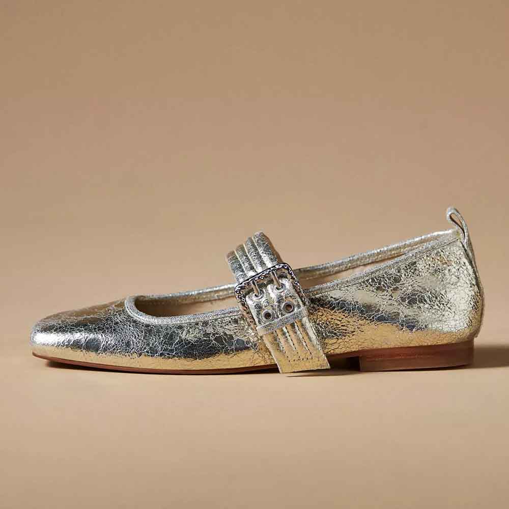 Silver Metallic Finish Square Toe Mary Jane Flats with Buckle