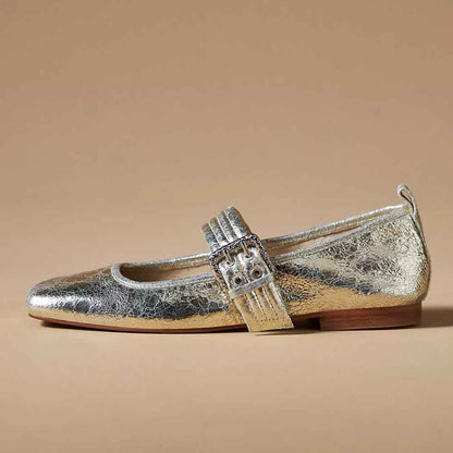 Silver Metallic Finish Square Toe Mary Jane Flats with Buckle
