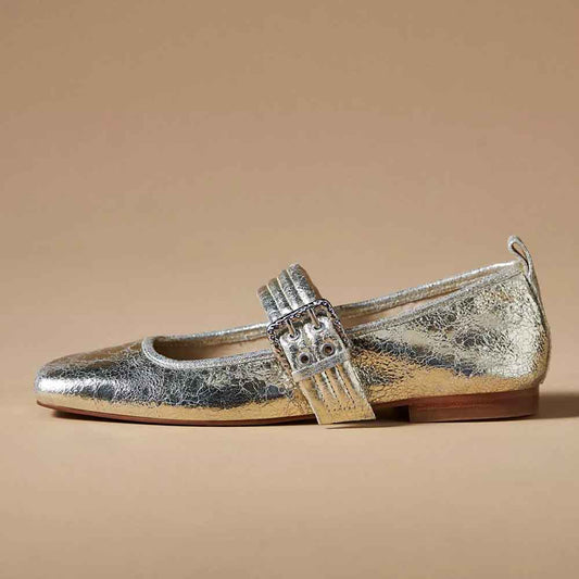 Silver Metallic Finish Square Toe Mary Jane Flats with Buckle