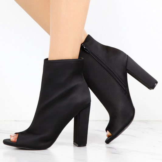 Women's Classic Black Chunky Heel Peep Toe Ankle Boots with Zipper
