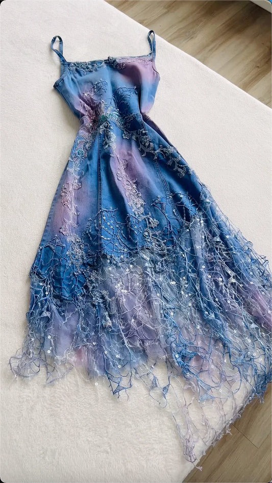 Vintage Blue Denim Sequin Applique Prom Dress A-Line Spaghetti Strap Evening Dress Long Formal Dress TP4687