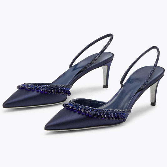 Women's Navy Satin Pointed Toe Rhinestone Kitten Heel Pumps