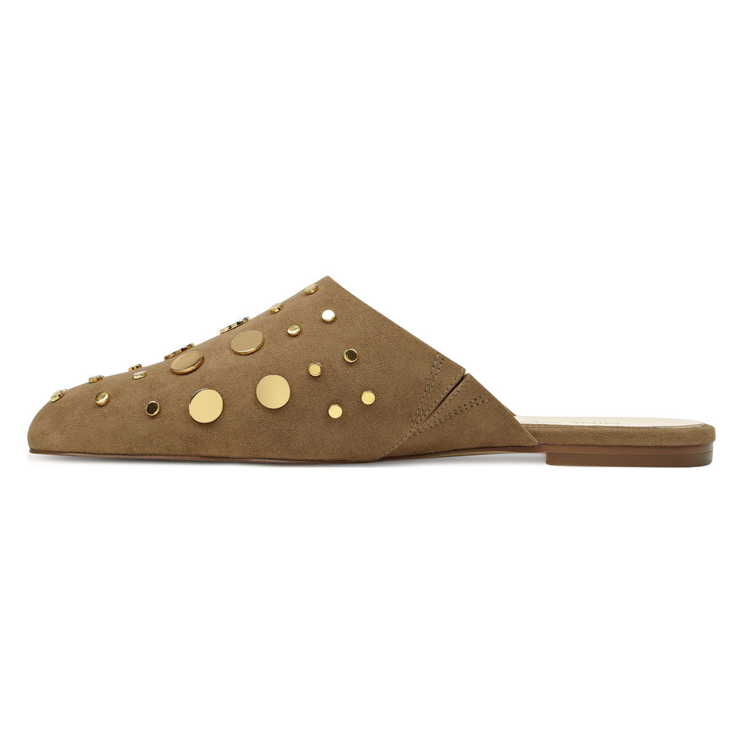 Khaki Round Toe Vegan Suede Mule Flats with Studs