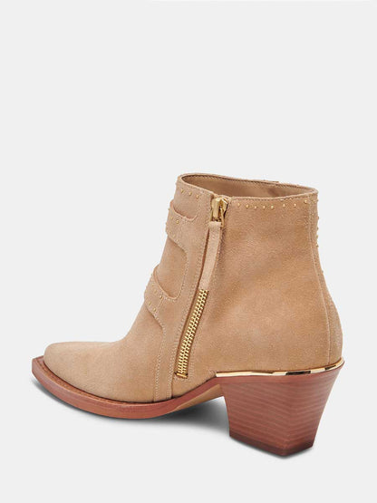Brown Faux Suede Snip Toe Side-Zip Cowgirl Ankle Boots With Chunky Heels