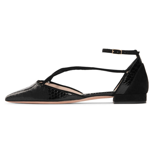 Black Pointy Toe Flats Python Ankle Strap Shoes
