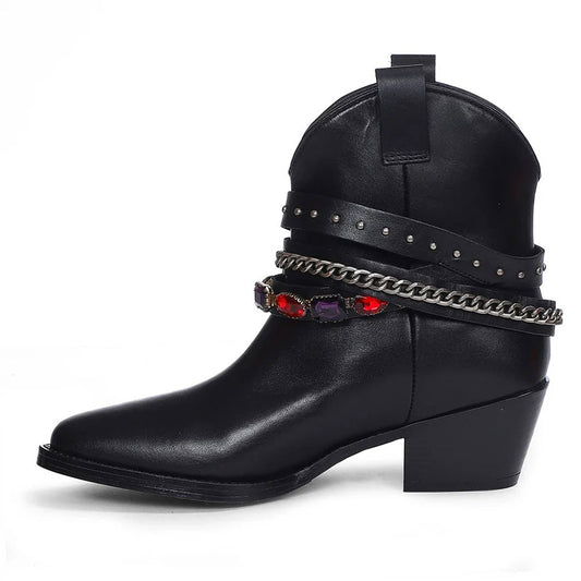 Black Block Heel Stud and Rhinestone Decor Strap Ankle Boots