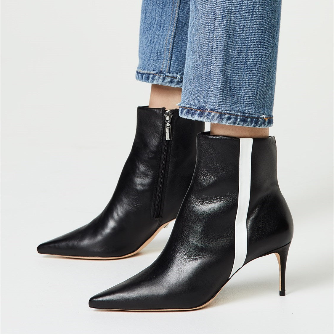 Black Pointy Toe White Stripe Stiletto Heel Ankle Boots