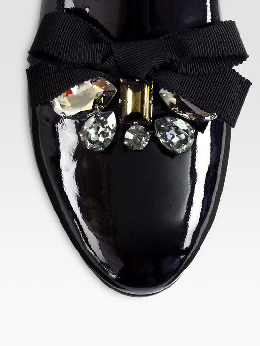 Black Patent Leather Crystal Bow Flats Women's Loafers
