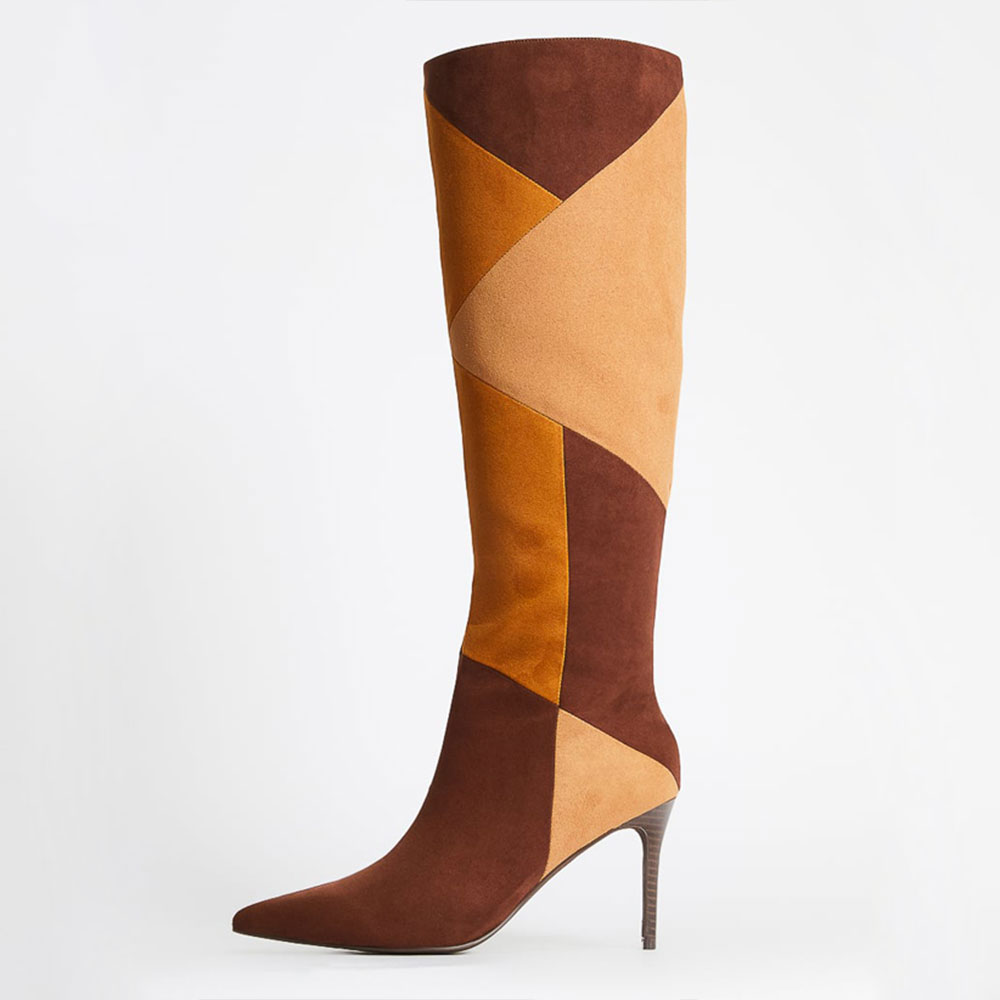 Brown Vegan Suede Patchwork Pointed Toe Stilettos Knee High Boots